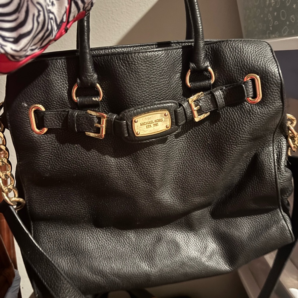 Michael Kors Black Leather Shoulder Bag with Gold Accents